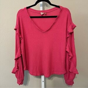 Pilcro Anthropologie Size Medium Hot Pink Waffle Weave Thermal Ruffle Sleeve Top